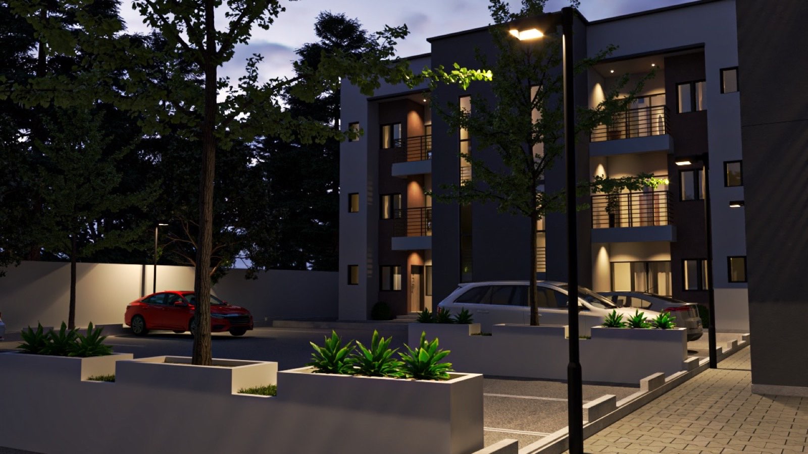 Dusk visualisation of apartment blocks at Belleville Estate