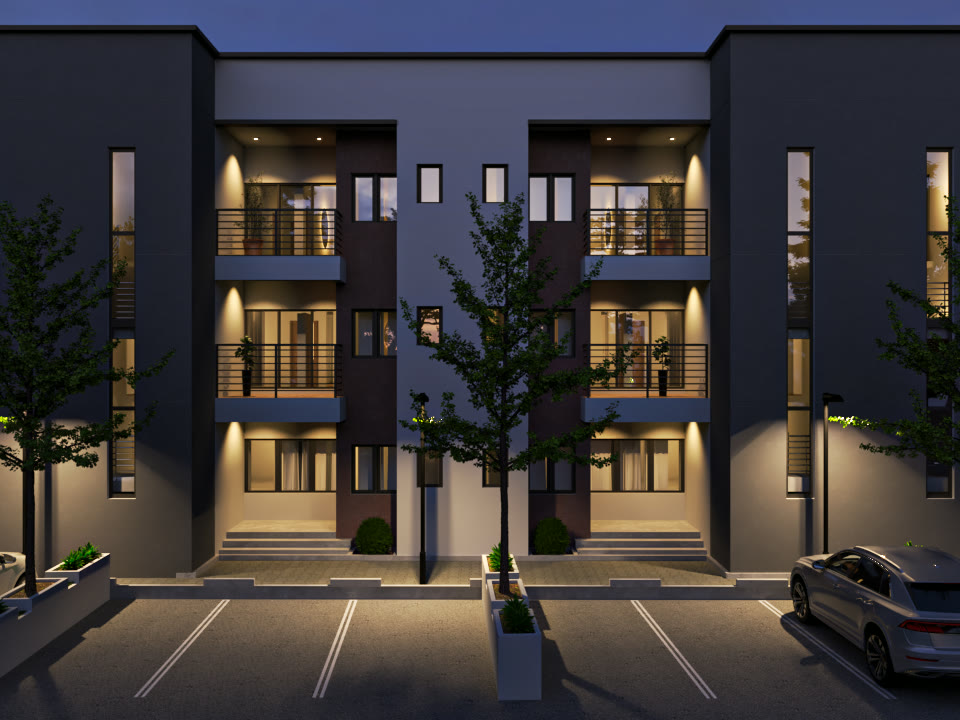 Design visualisation of the Belleville Estate blocks lit at night, Katampe, Abuja