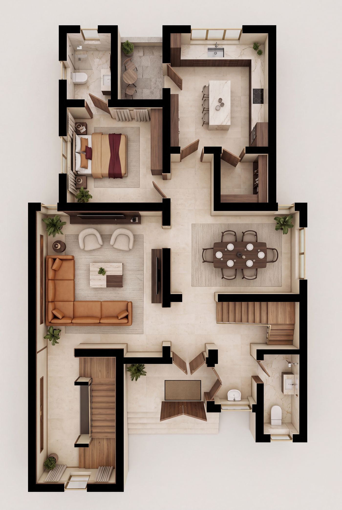 Furnished top-down plan of a Belleville house ground floor in the Burgundy register
