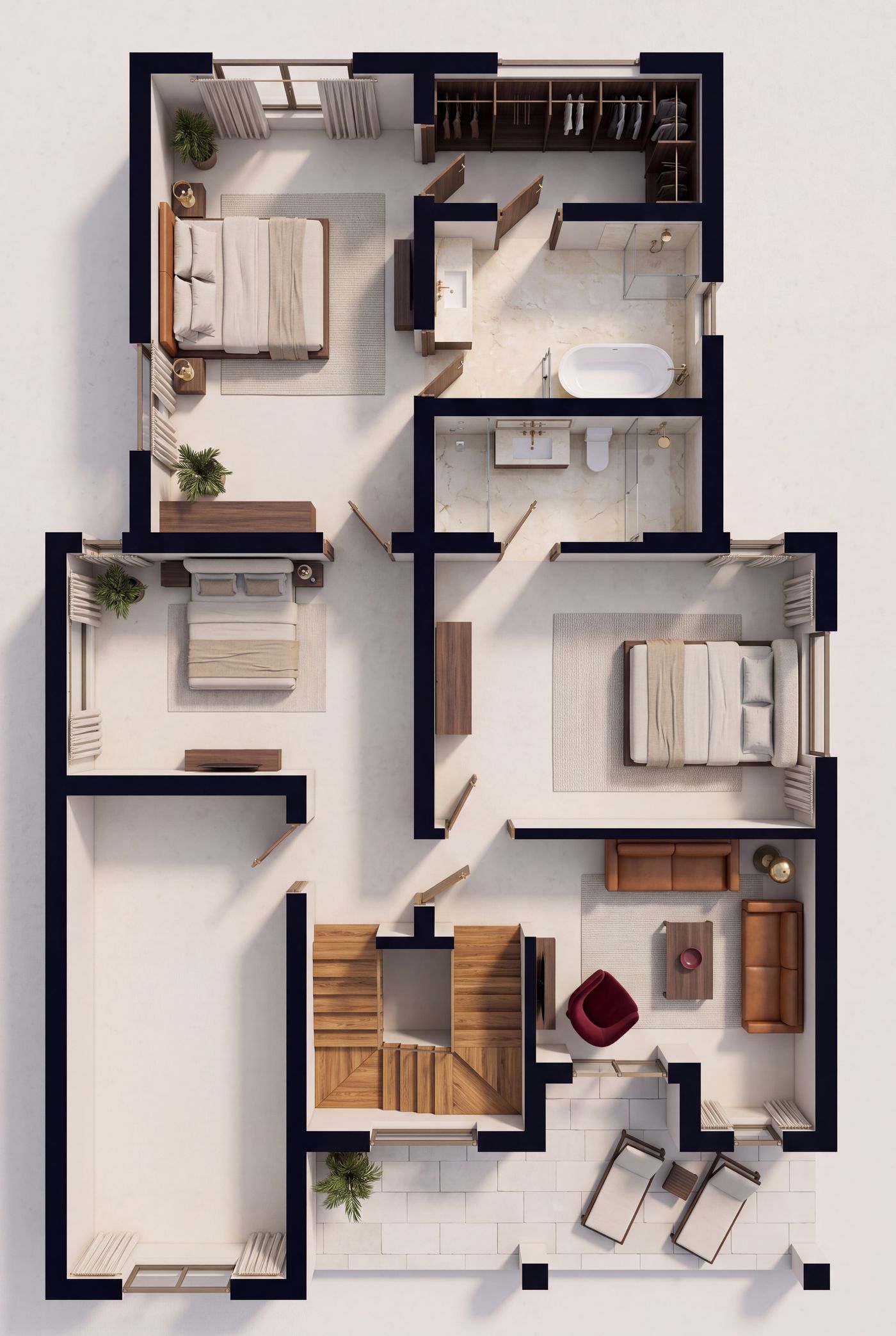 Furnished top-down plan of a Belleville house first floor in the Burgundy register