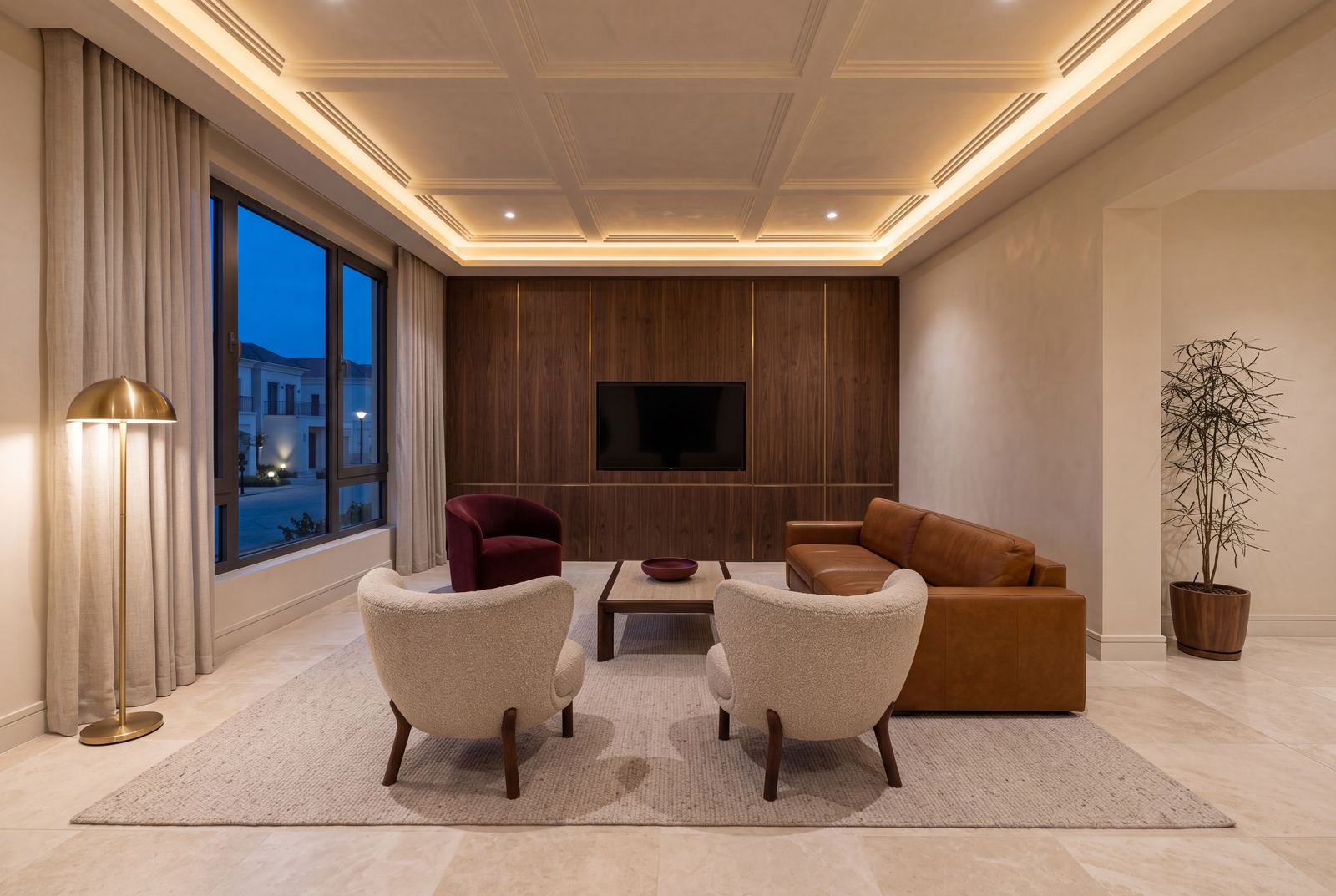 Design visualisation of a Belleville living room furnished in caramel leather, oatmeal boucle and burgundy velvet
