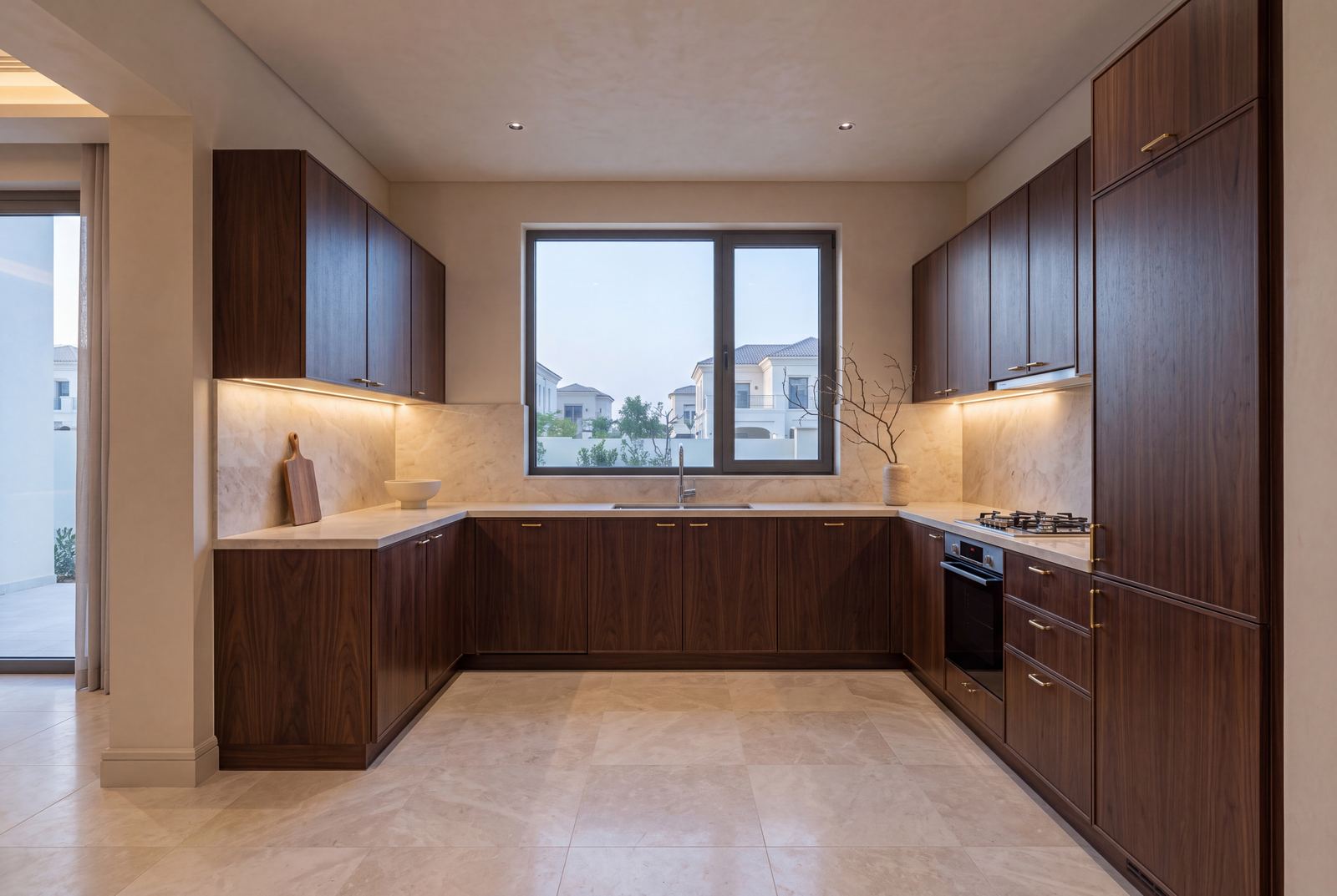 Design visualisation of a Belleville kitchen in dark walnut and cream marble
