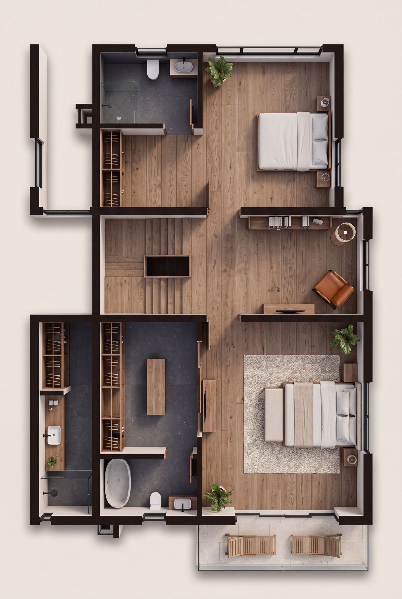 Furnished plan of the Claire Mont terrace second floor