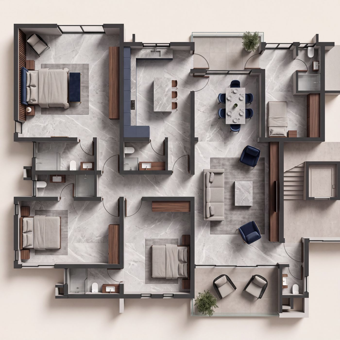 Furnished plan of a Claire Mont upper floor apartment