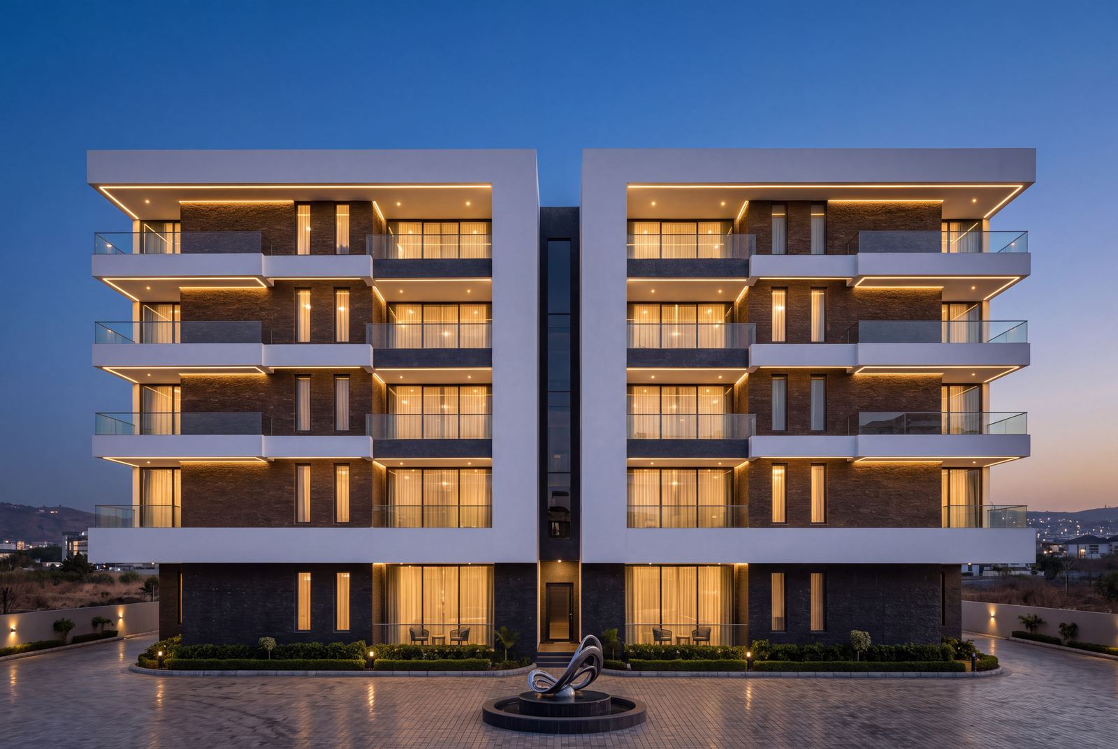 Design visualisation of the Claire Mont apartments from the court at dusk