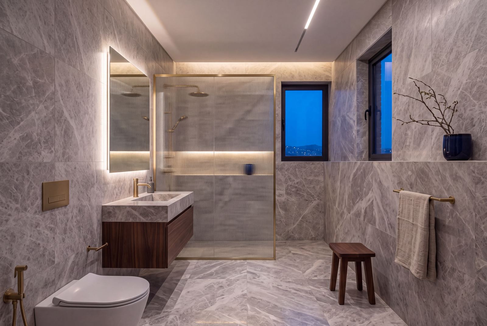Design visualisation of the Claire Mont apartment master ensuite in grey marble