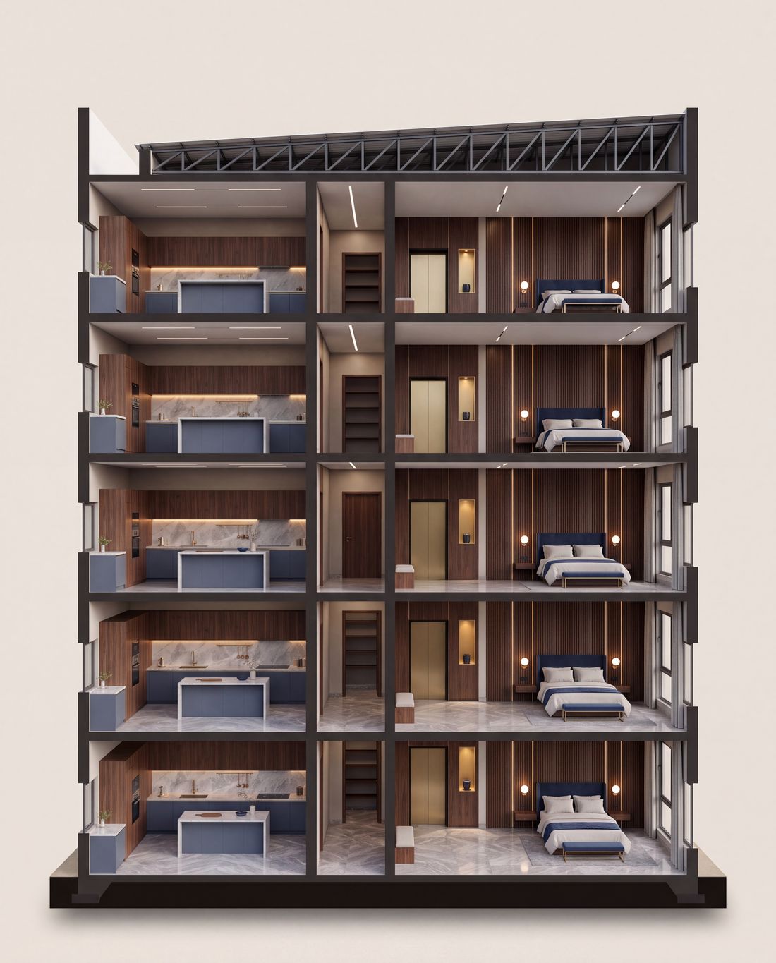 Furnished section across the Claire Mont apartments showing five floors, the kitchen, the store, the lobby with its lift and a bedroom