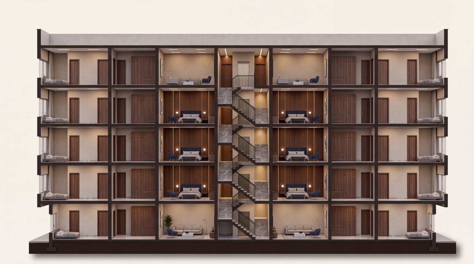 Furnished section along the Claire Mont apartments showing five floors, two apartments to a floor and the stair core between them