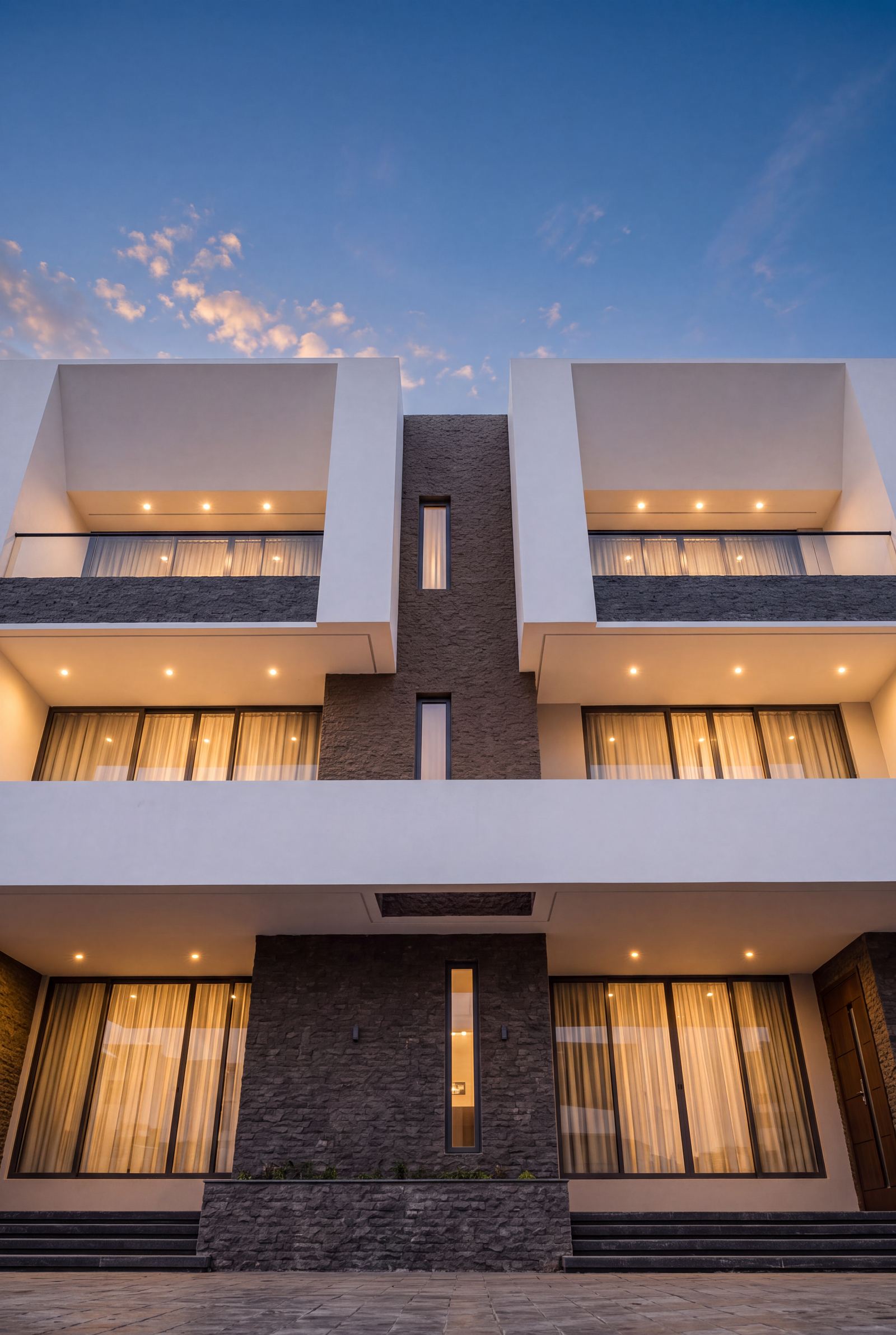 Design visualisation looking up the balcony frames of a Claire Mont terrace house