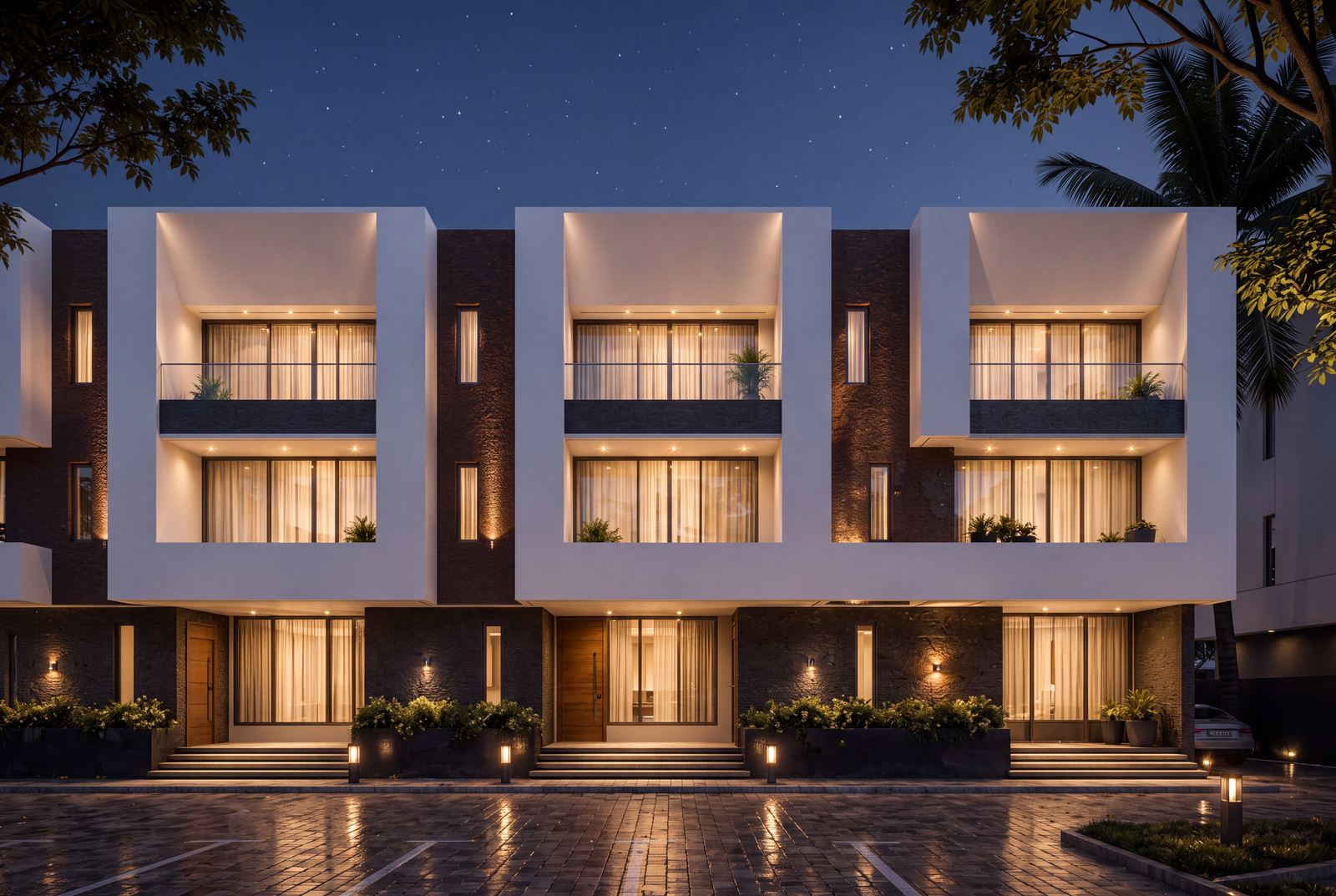 Design visualisation of a Claire Mont terrace row lit from within at night