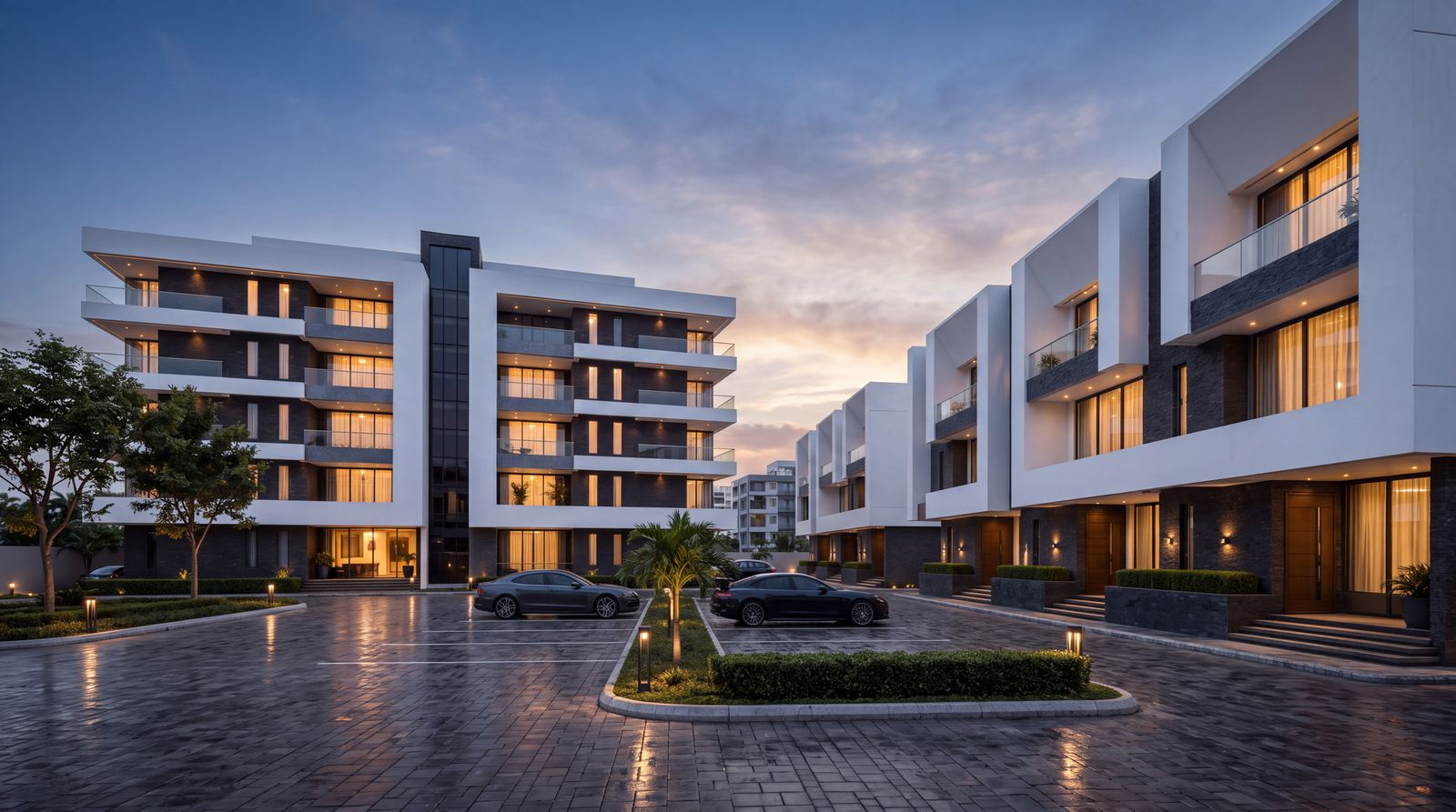 Design visualisation of the Claire Mont terraces and apartments across the parking court at dusk