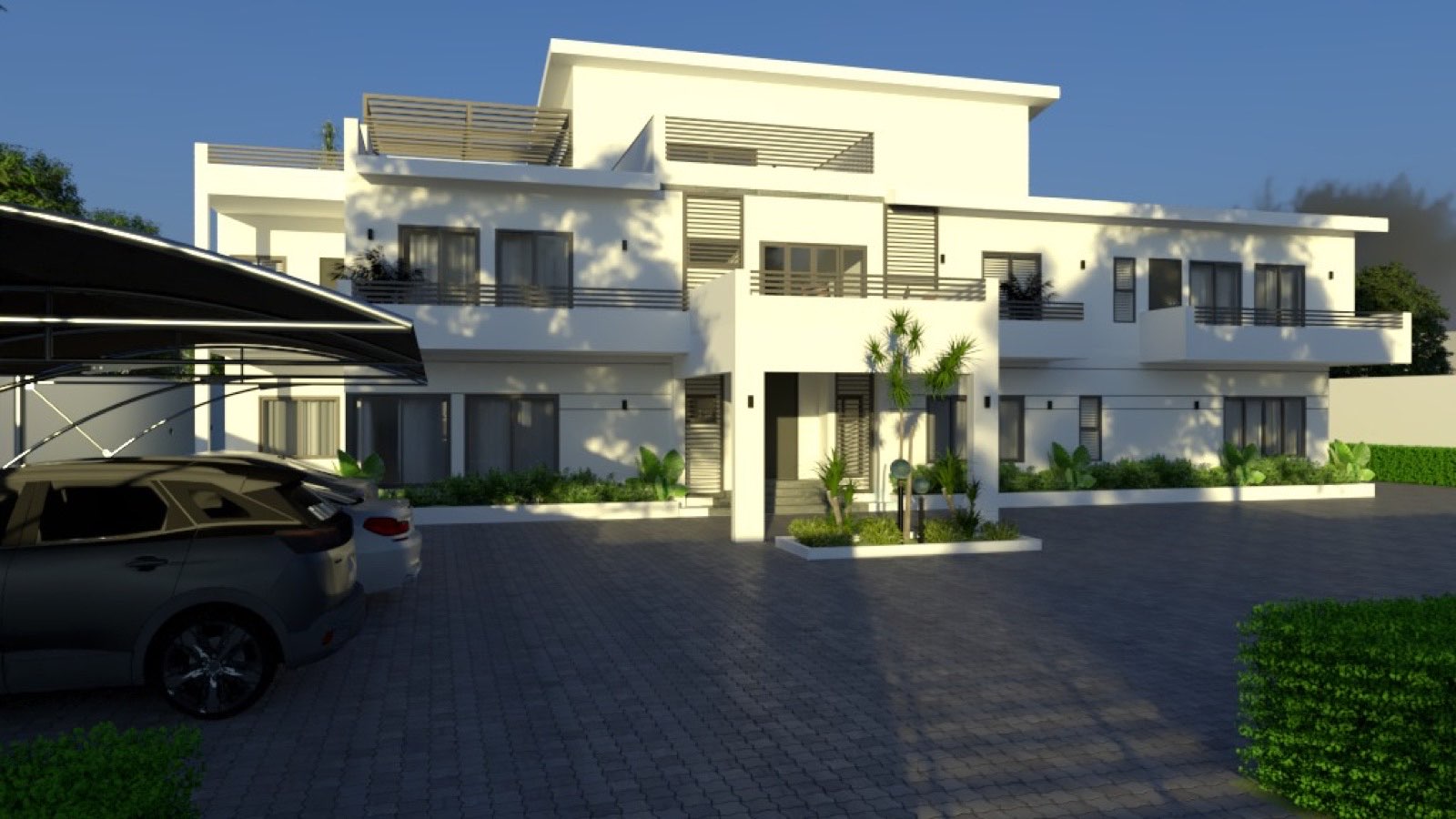 Visualisation of the entrance approach to the Courtyard House at dusk