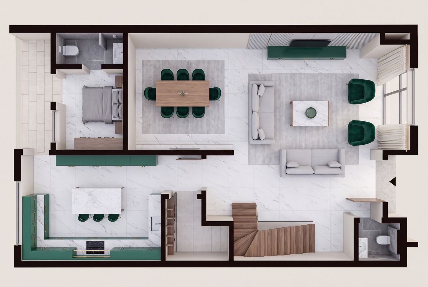 Furnished top-down plan of the Emerald City terrace ground floor in the Emerald register