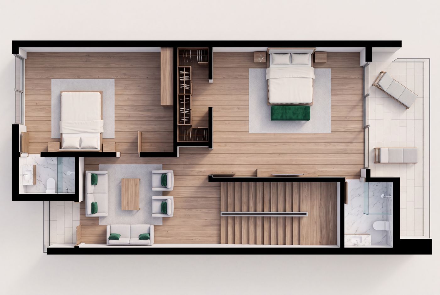 Furnished top-down plan of the Emerald City terrace first floor in the Emerald register