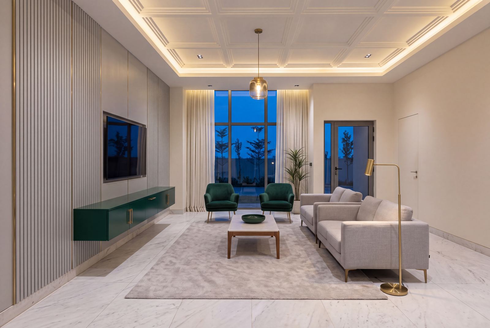 Design visualisation of the Emerald City main lounge: fluted panelling, an emerald media unit, emerald velvet chairs at the window