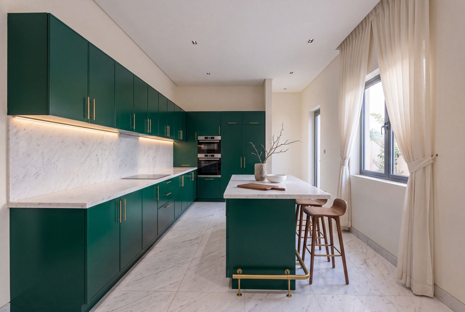 Design visualisation of the Emerald City kitchen in emerald lacquer and white marble