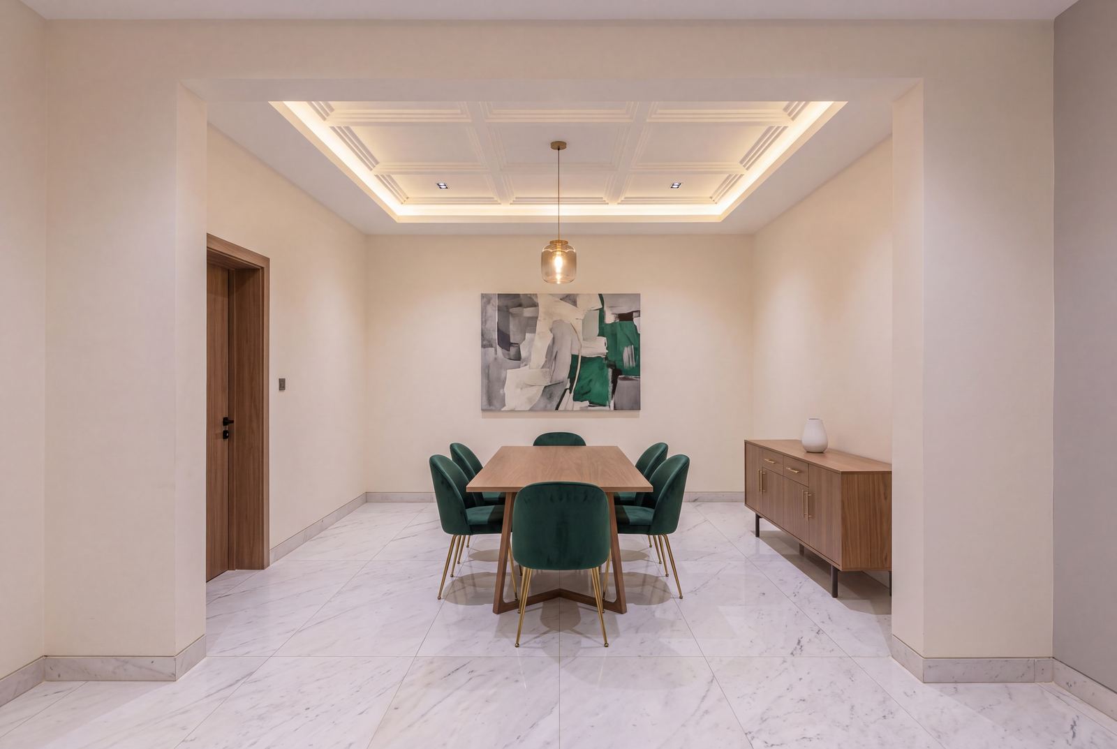 Design visualisation of the Emerald City dining room with six emerald velvet chairs