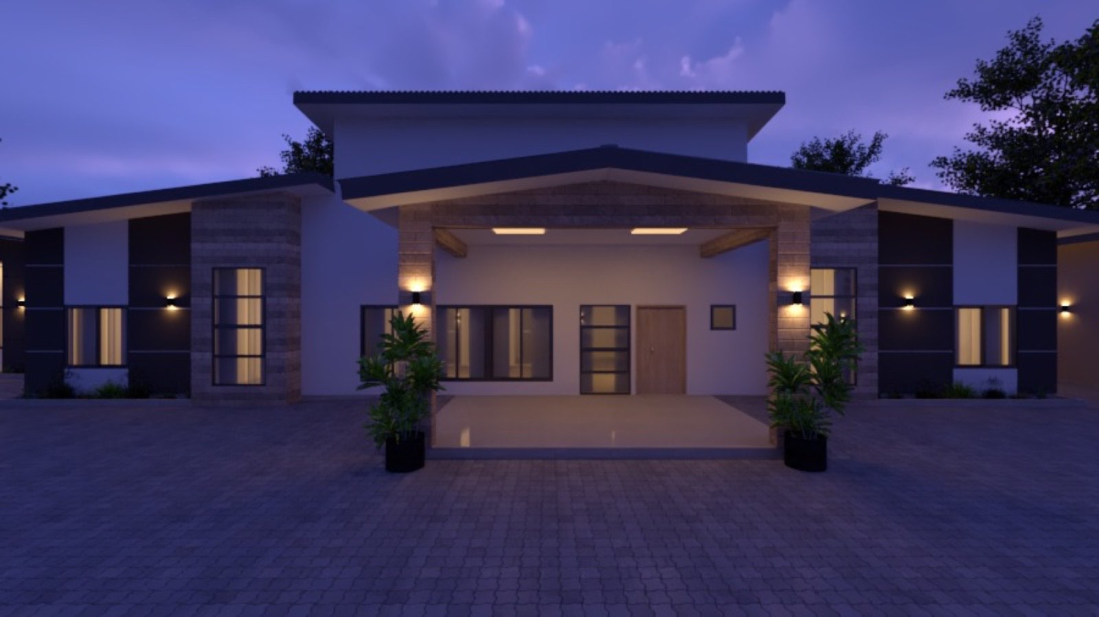 The Stone House, a remodelled residence in Kaduna, photographed at dusk with warm lighting