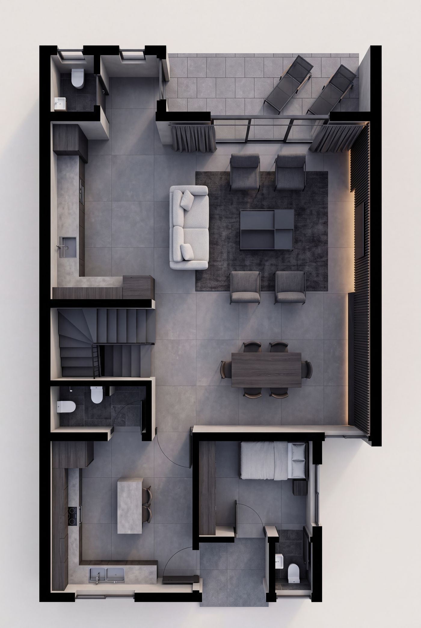 Furnished top-down plan of The Axis terrace ground floor in the Iron register