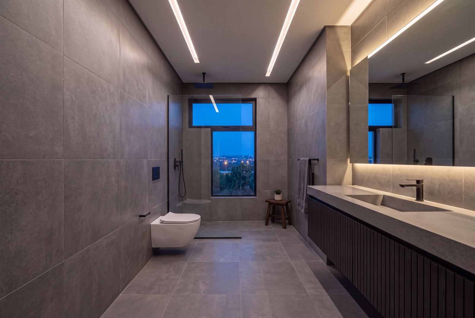 Design visualisation of The Axis master bathroom in graphite stone with a walk-in shower
